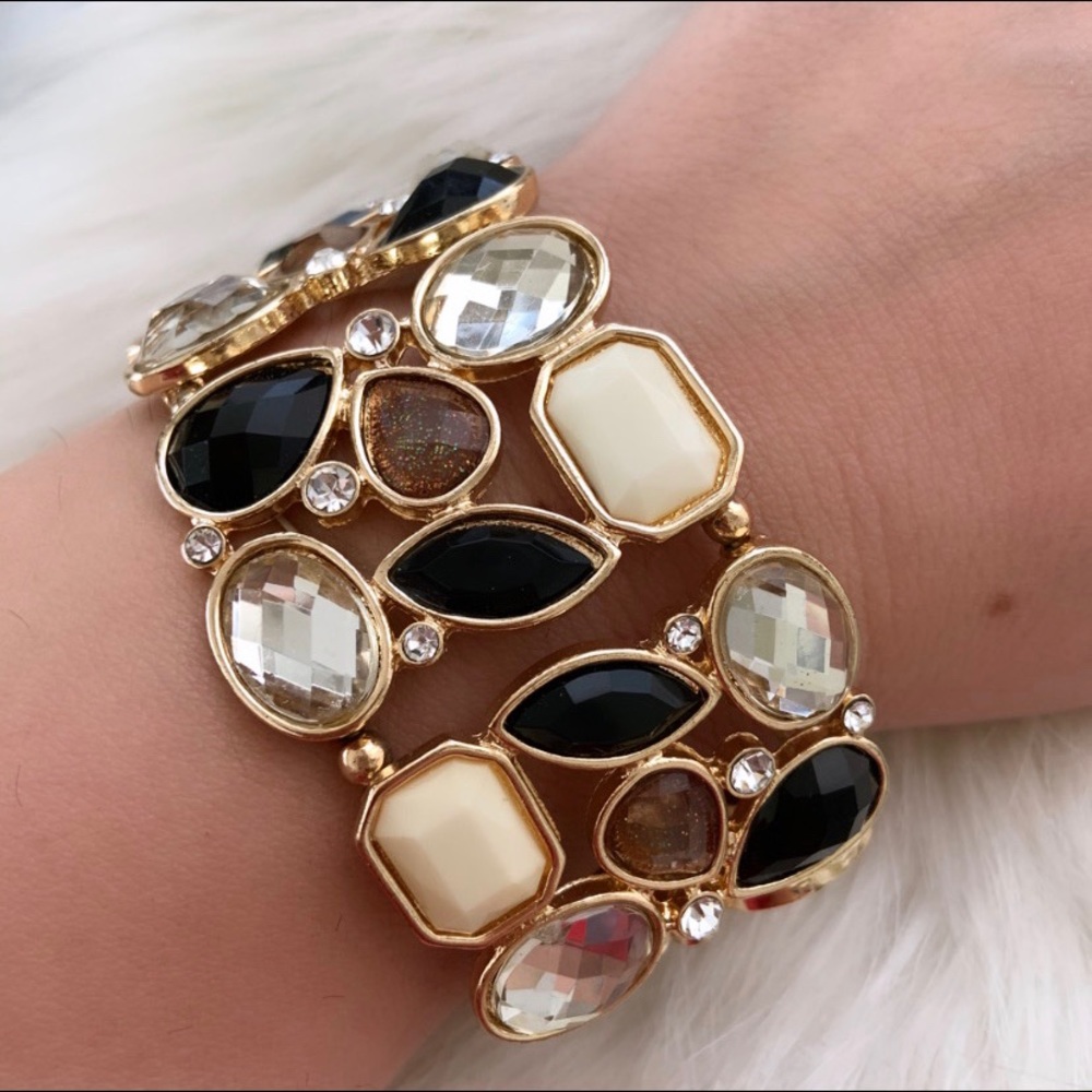 Black, Crystal, Ivory And Topaz Stone Stretch Cuff